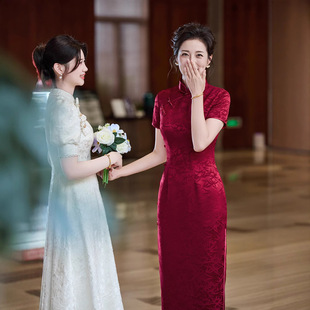 旗袍女敬酒服新娘感红色小个子妈妈装婚宴礼服喜婆婆高端夏季女装