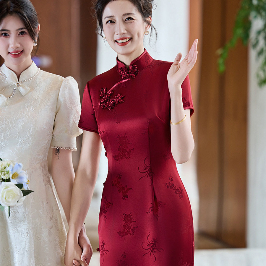新款高端婚礼丈母娘装长款连衣裙妈妈装喜婆婆婚宴装改良旗袍礼服