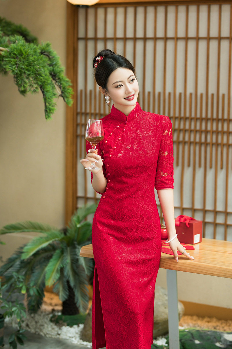 蕾丝旗袍敬酒服新娘红色中式结婚订婚礼服连衣裙女回娘家走秀女装