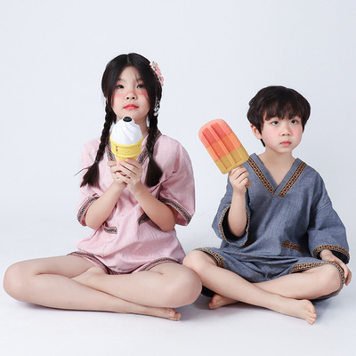 23新款中国风儿童夏季家居服睡衣女童男童短裤短袖浴服汗蒸服亲子