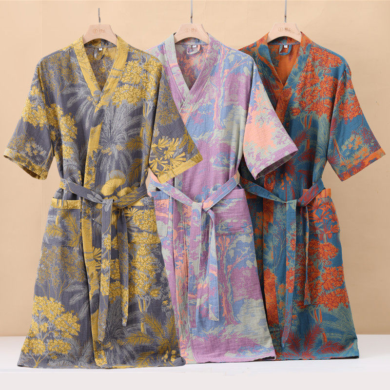纯棉双层纱布浴袍春夏薄款睡衣家居服睡袍情侣款吸水浴衣a类裙子