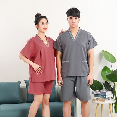 新款男士棉麻汗蒸服洗浴中心浴服女睡衣按摩服桑拿服套装酒店养生