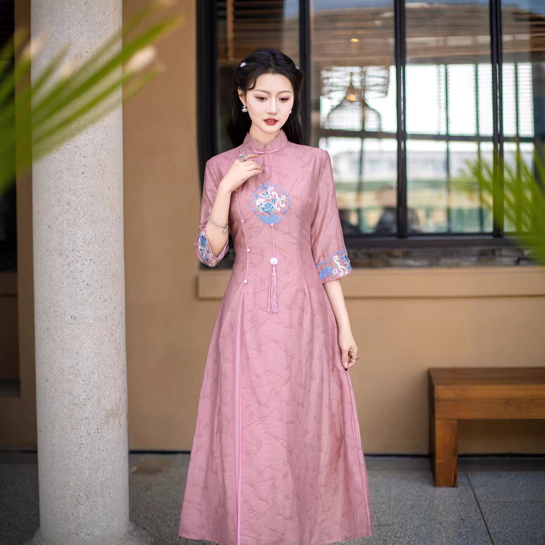 新中式七分袖旗袍夏季新款冰丝改良修身老上海中国风女显瘦连衣裙