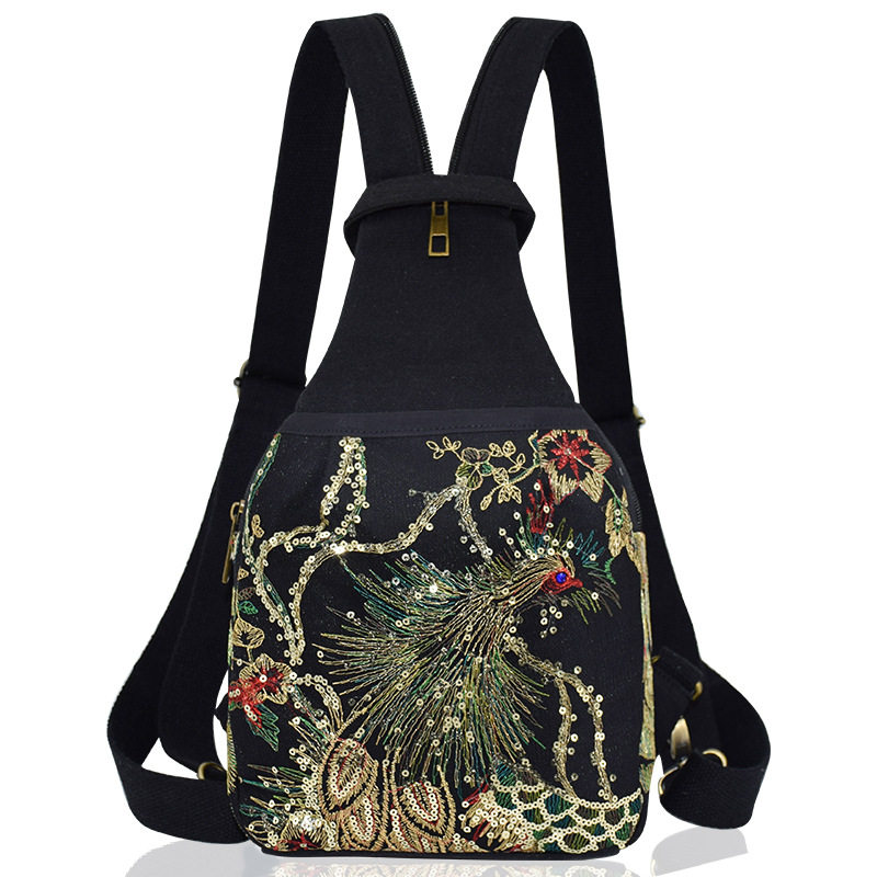 民族风凤凰图案刺绣女士胸包多用途双层带拉链小帆布背包双肩包