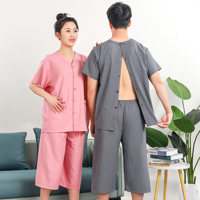 艾炙前后背开衫长裤汗蒸服前后开衫艾灸服理疗服前后开扣款棉质