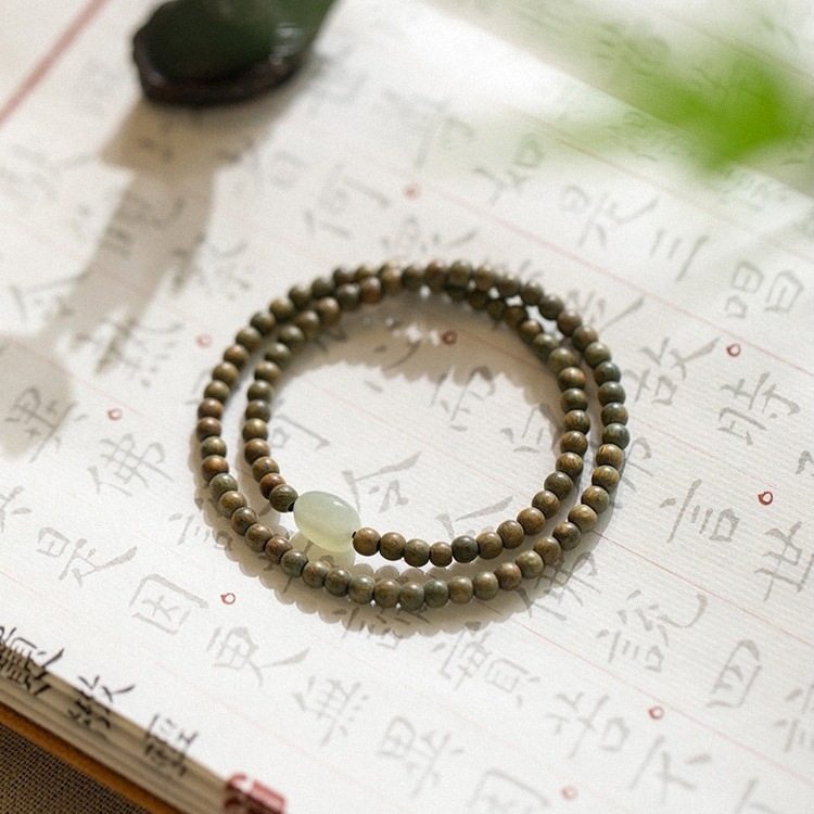 绿檀木和田玉双圈手串小叶紫檀香木质转运珠男女款佛念珠文玩手链