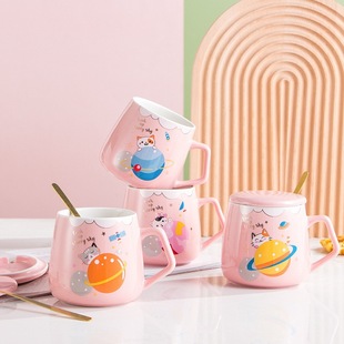 快乐星球猫咪陶瓷杯带盖勺大容量杯子卡通情侣马克杯批发印制LOGO