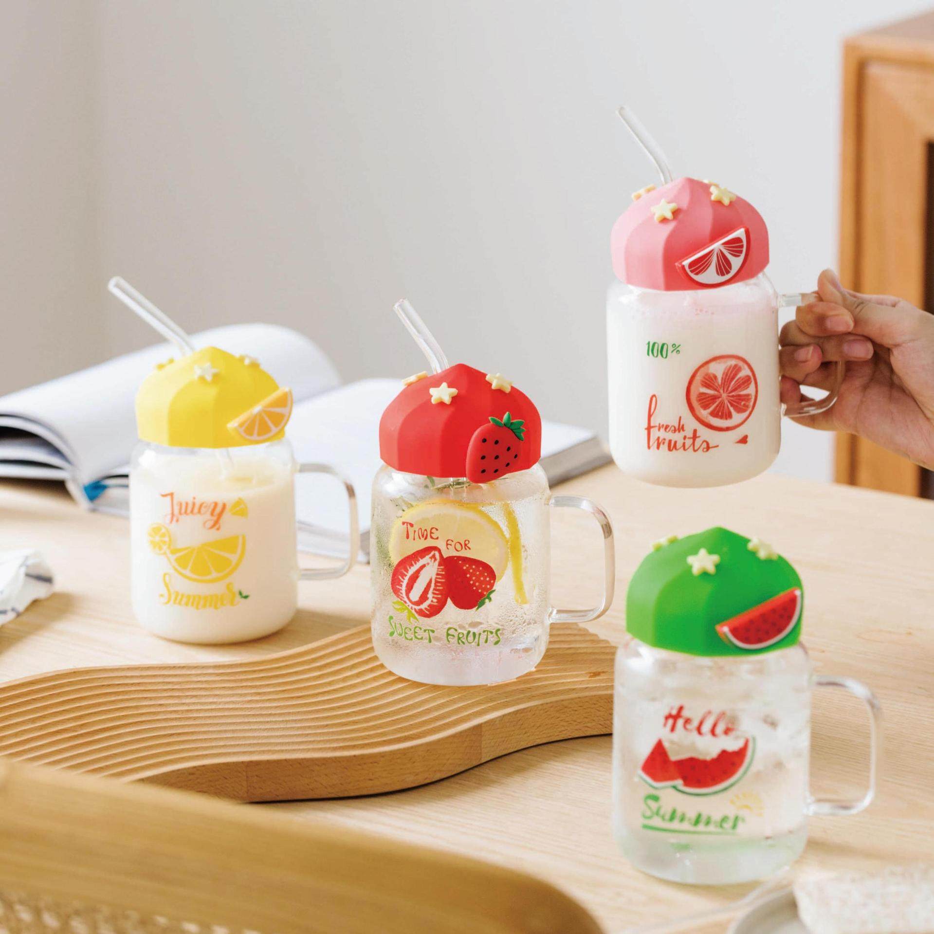 艳夏透明水果高温玻璃杯可爱大容量加盖吸管学生女牛奶早餐杯办公,餐饮具,玻璃杯,淘宝优惠券,粉丝福利购,淘宝优惠卷