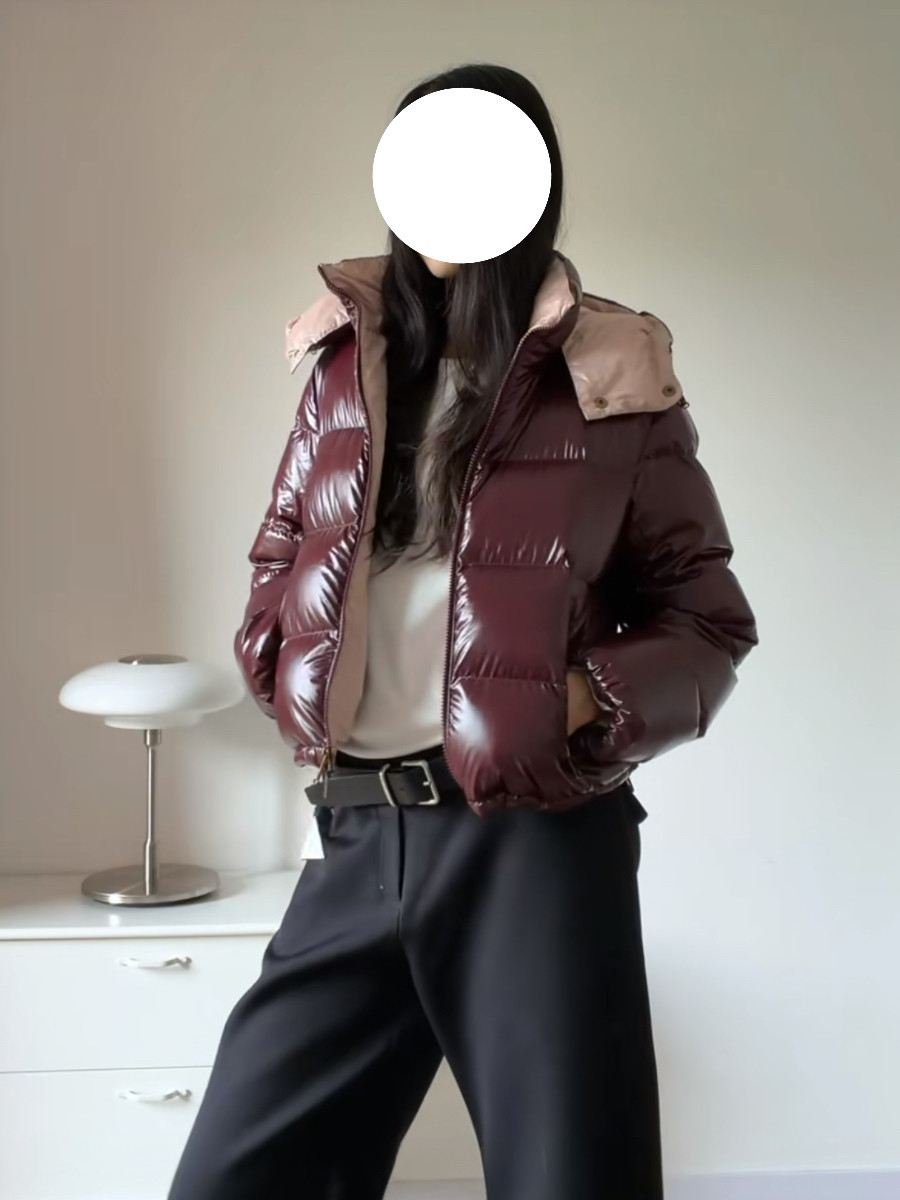徐若晗同款亮面复古红羽绒服26冬新款宽松可拆卸帽90白鸭绒面包服