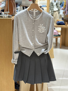 赵露思同款灰色针织开衫女2026春新款高级感小众设计感毛衣外套