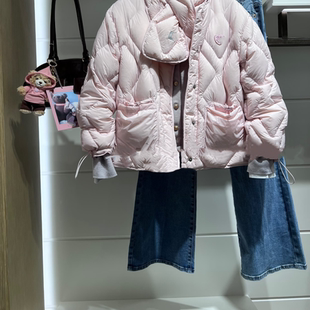 赵露思同款小熊羽绒服女2025冬新款围巾款宽松百搭短款菱形格外套
