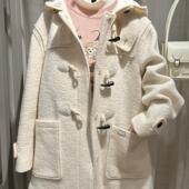 学院风牛角扣羊毛大衣女中长款 赵露思同款 小熊25新款 连帽毛呢外套