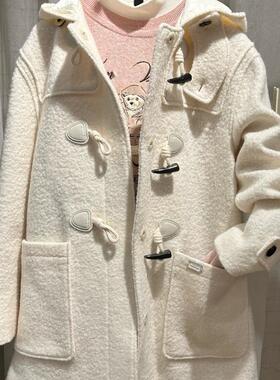 赵露思同款小熊25新款学院风牛角扣羊毛大衣女中长款连帽毛呢外套