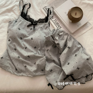 【布兰妮】带胸垫女夏季吊带睡衣短裤套装波点可外穿蕾丝家居服