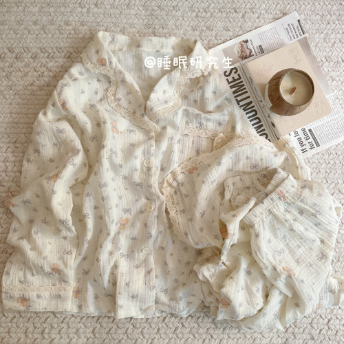 【薄荷小熊】秋季女睡衣软料绉布婴儿棉纱家居服纯棉套装蕾丝奶油