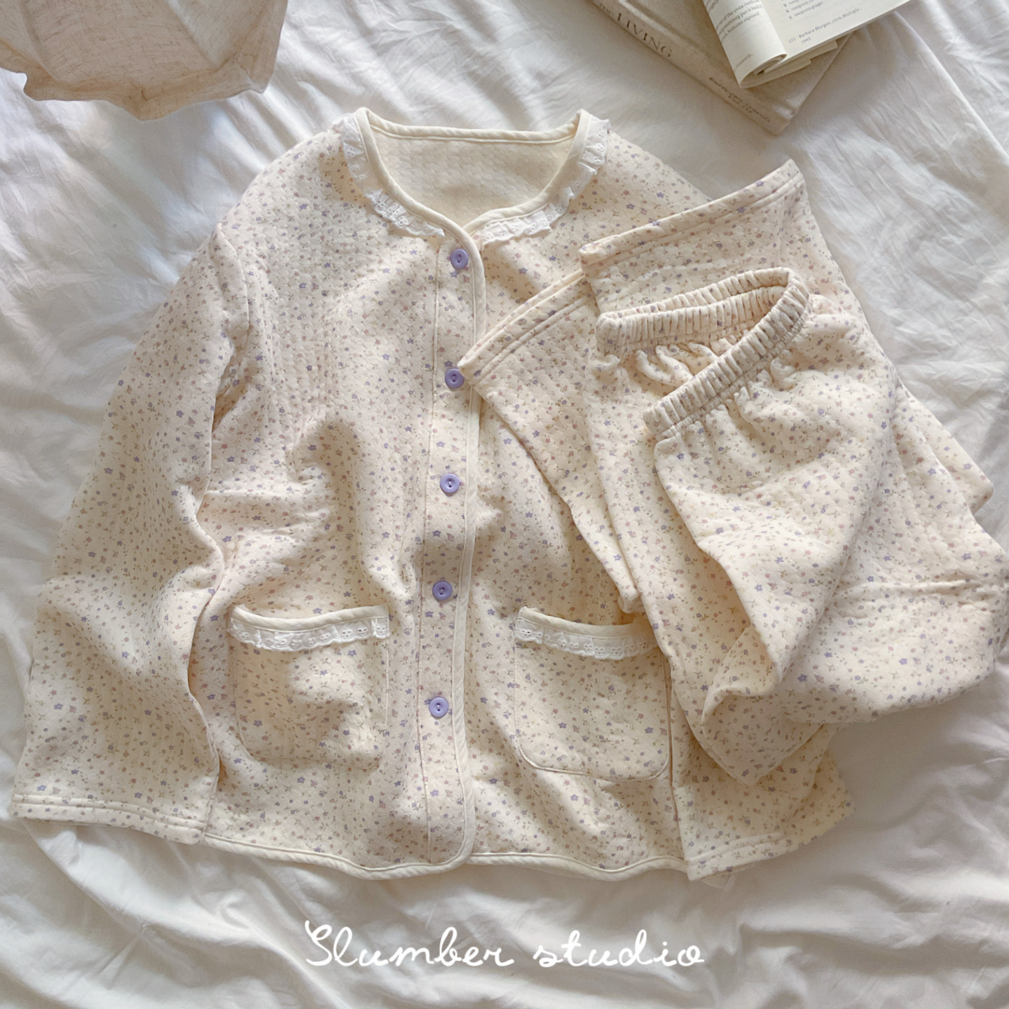 【奶油碎花】面包棉女款秋季加厚羽织暖芯夹层蓄热睡衣纯棉套装