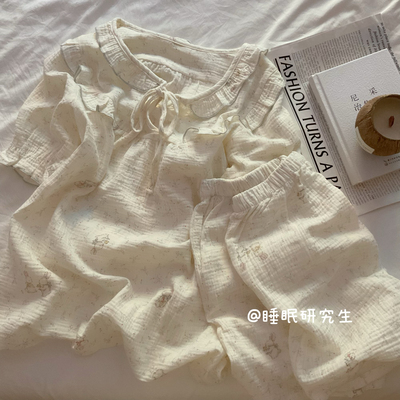 【氧气森林】夏季女睡衣纯棉短袖套装绉布软乎乎宅家兔子泡泡袖