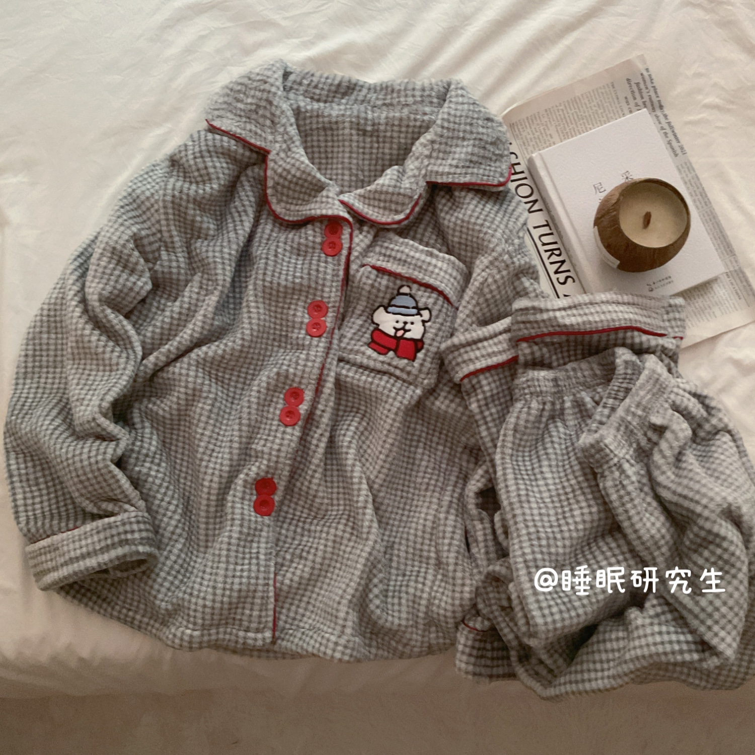 【樱桃布丁】秋冬季女睡衣软料法兰绒格子家居服保暖套装线条小狗