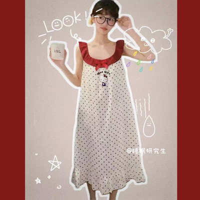 【SWEET PARTY】带胸垫夏季女睡衣纯棉套装波点Kitty家居服睡裙