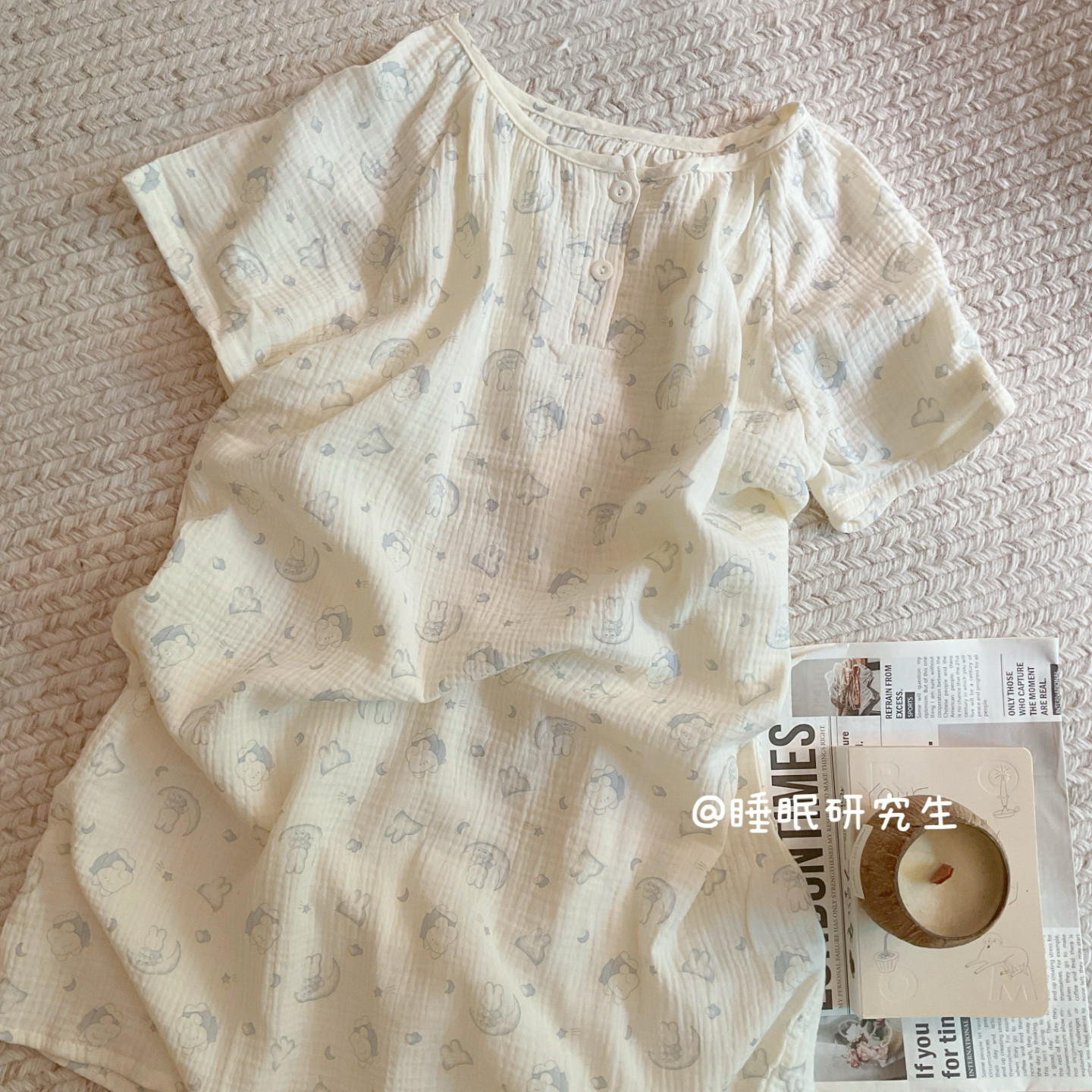 【宽松超好睡】夏季女睡衣家居服婴儿泡泡纱软料圆领短袖纯棉睡裙