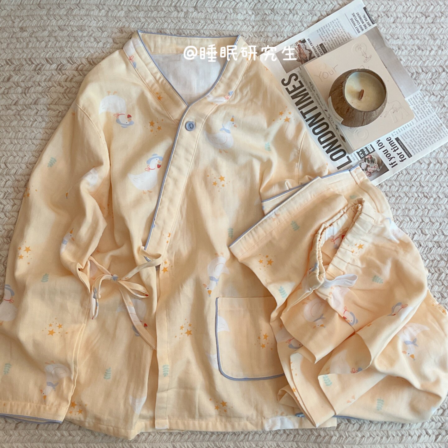 【小鸭的旅行】春夏季女睡衣软料双层纱v领月子服呵护纯棉套装