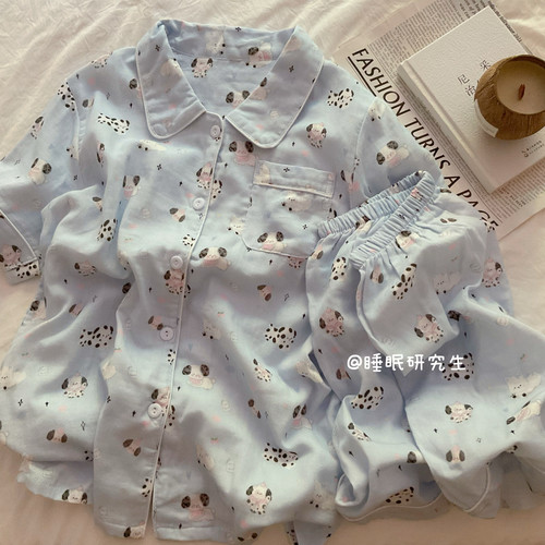 【海边晚风】A类全棉柔雾纱夏款女睡衣软料纯棉套装baby蓝小奶狗