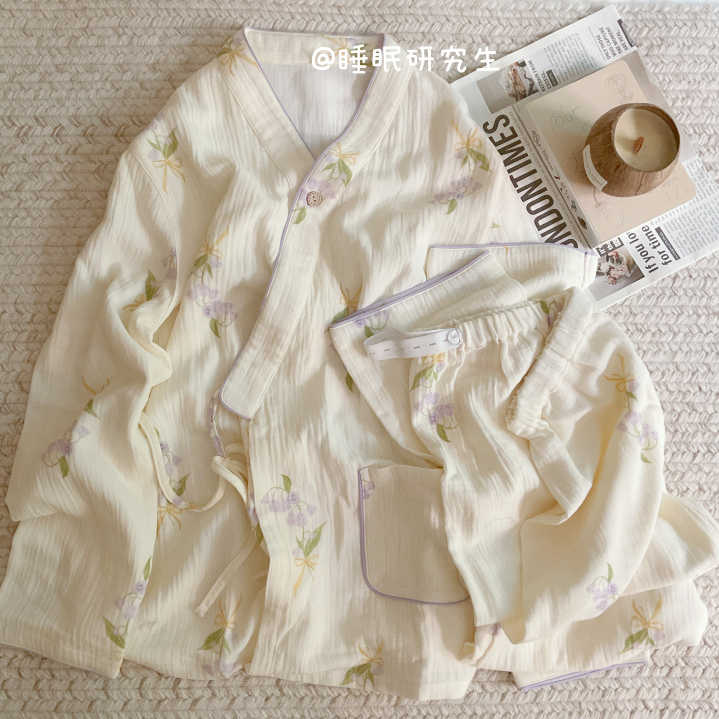 【香茶鸢尾】春夏季女月子服软料绉布无领长袖和风系带全棉套装