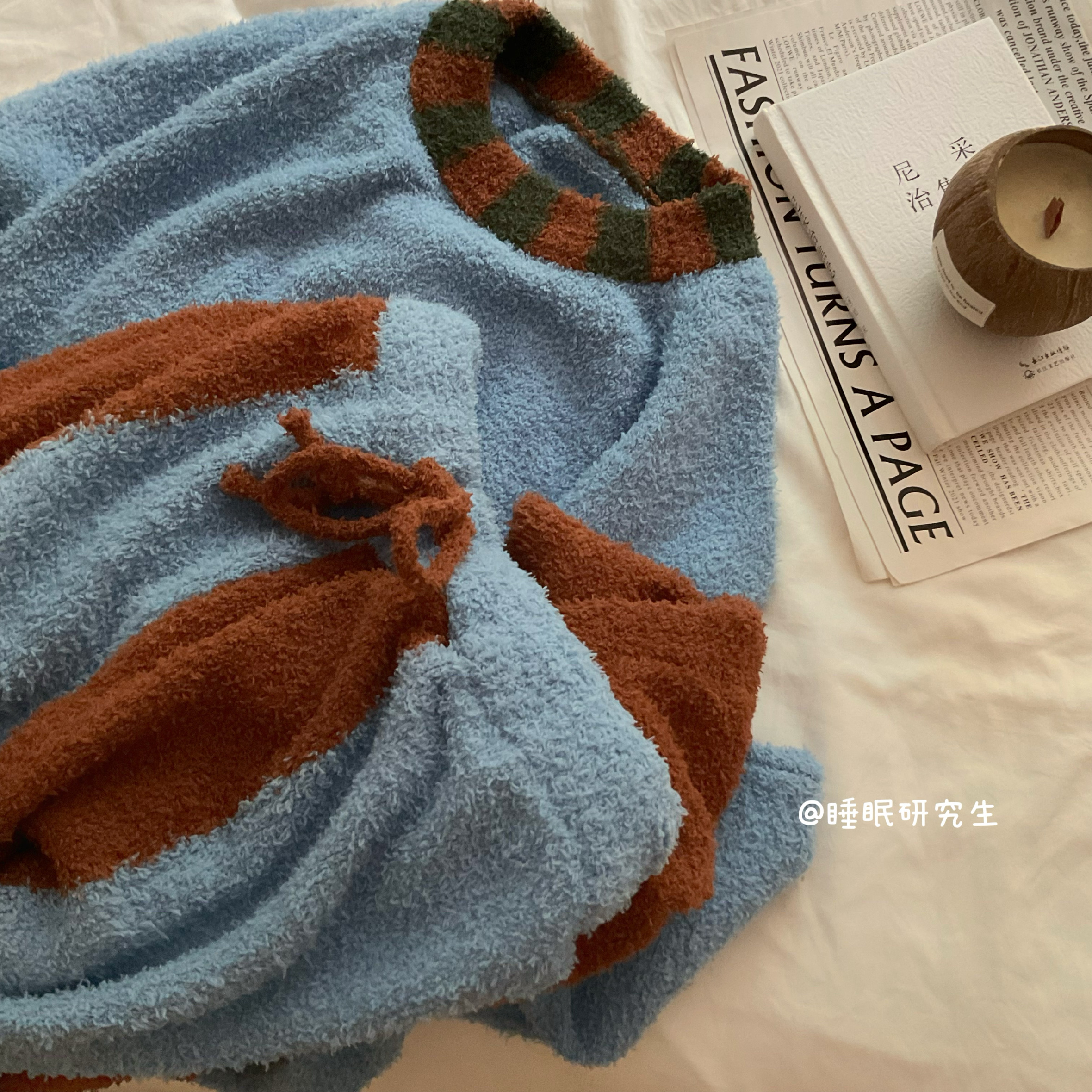 【琥珀榛巧】半边绒秋冬季女睡衣两件套软绵绵家居服可外穿条纹