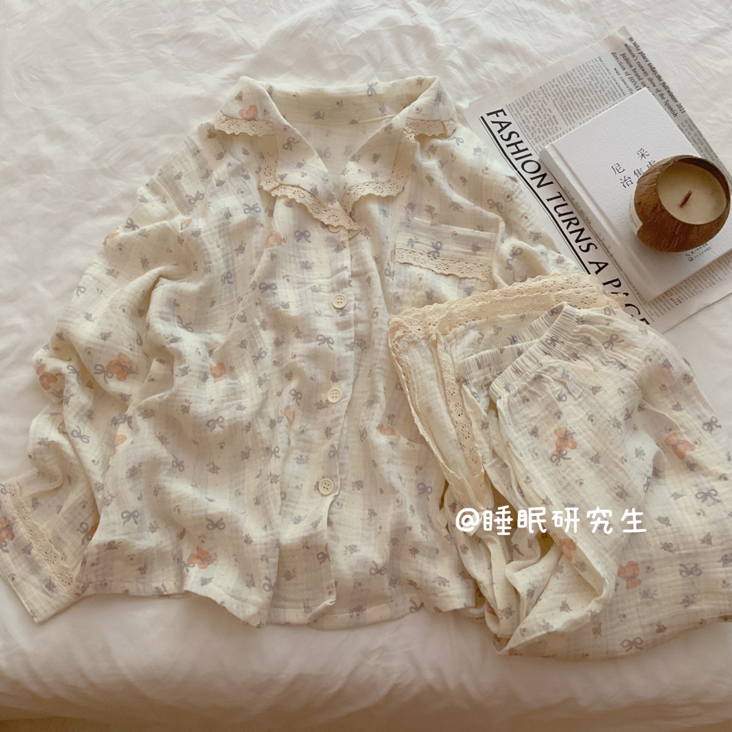 【薄荷小熊】秋季女睡衣软料绉布婴儿棉纱家居服纯棉套装蕾丝奶油