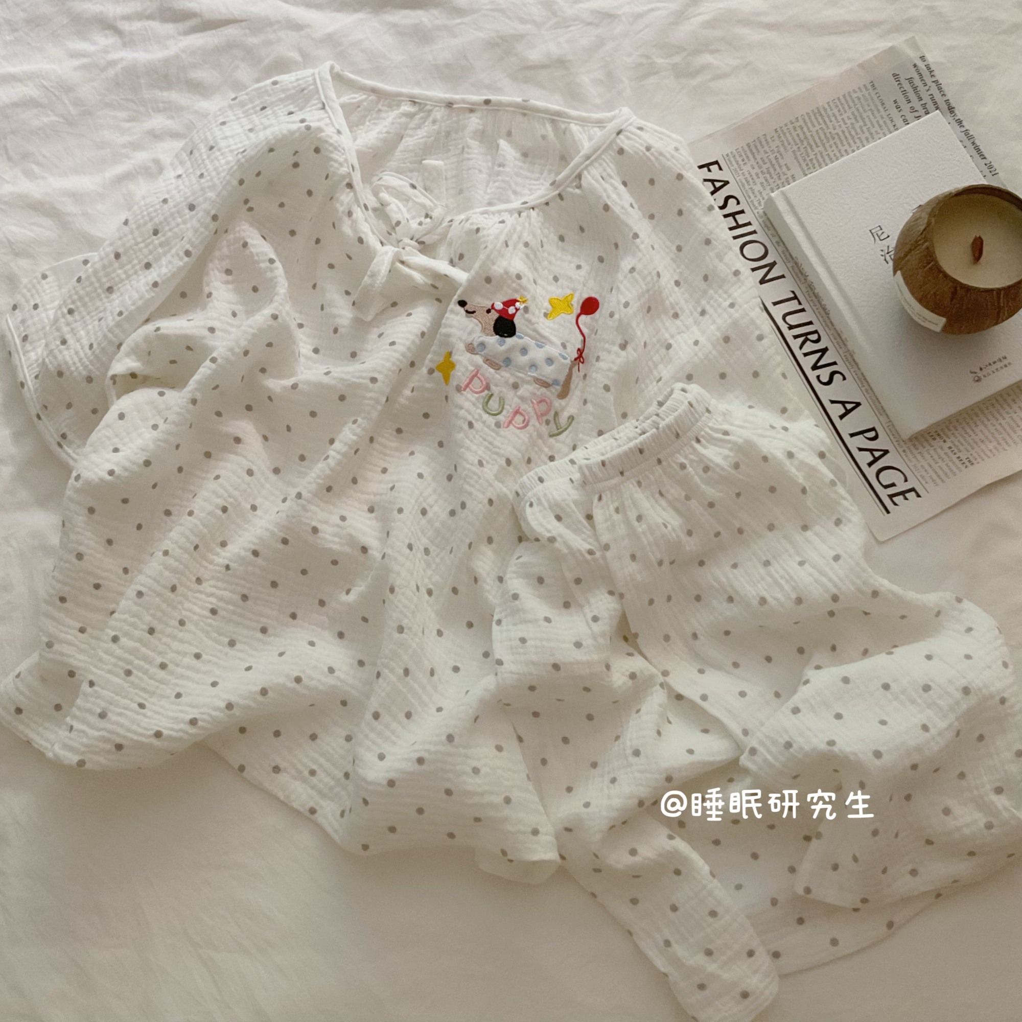 【Enfp的快乐小狗】夏季女睡衣纯棉套装宝宝棉绉布治愈波点腊肠狗