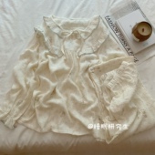 女睡衣软料绉布双层纱家居服纯棉花边长袖 秋季 长裤 氧气森林