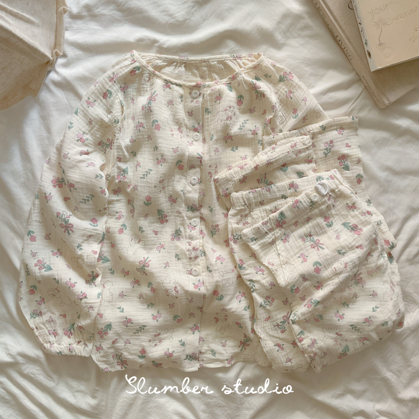 【baby舒伴系列】A类纯棉秋季女睡衣长袖长裤月子服圆领带胸垫