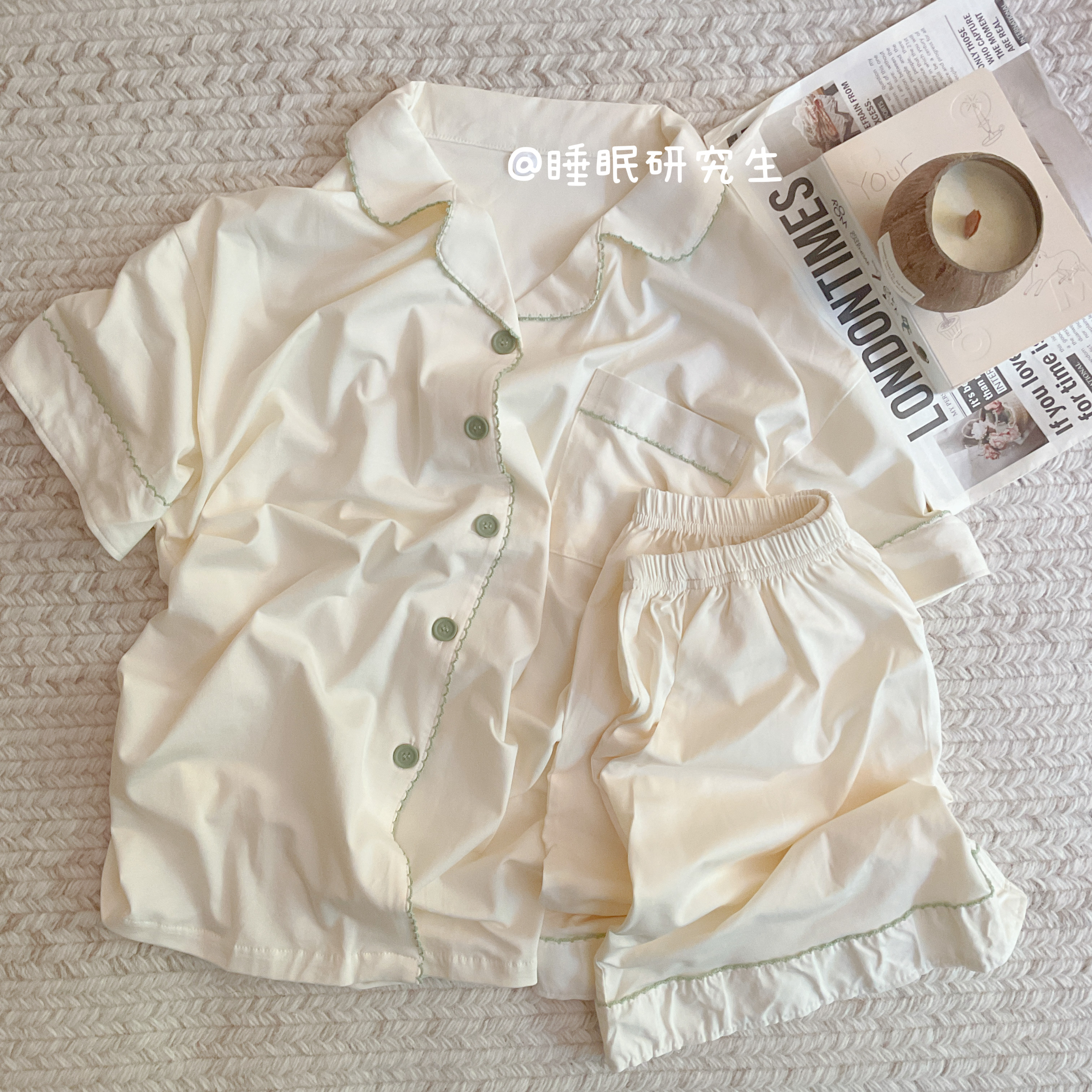 【蜜瓜汽水】夏季女睡衣家居服莱赛尔凉感短袖短裤密拷压边套装