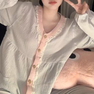 【芬兰风铃】春夏季女睡衣纯棉双层绉布月子服产后家居服长袖长裤