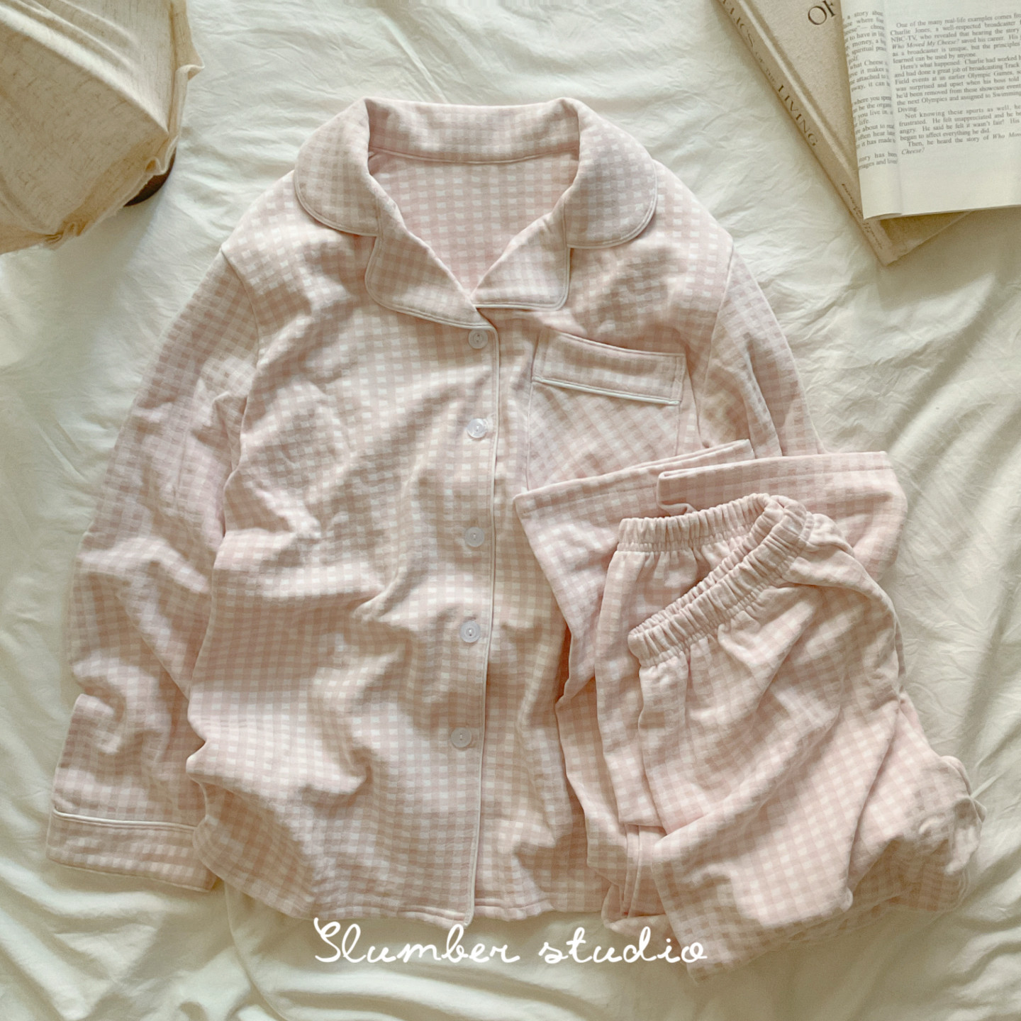 【茶和庭院】小鹿绒秋季女睡衣弹力软料格子家居服蓄热德绒套装