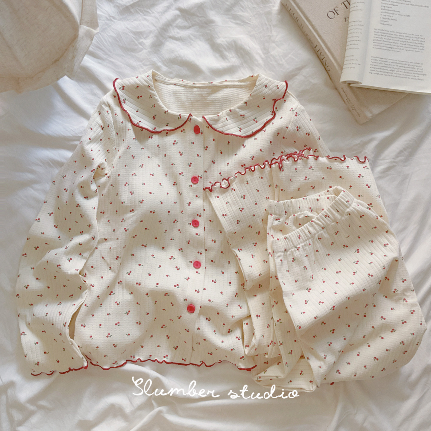 【Le Fraisier】带胸垫女睡衣法式贝甜娃娃领纯棉针织套装家居服