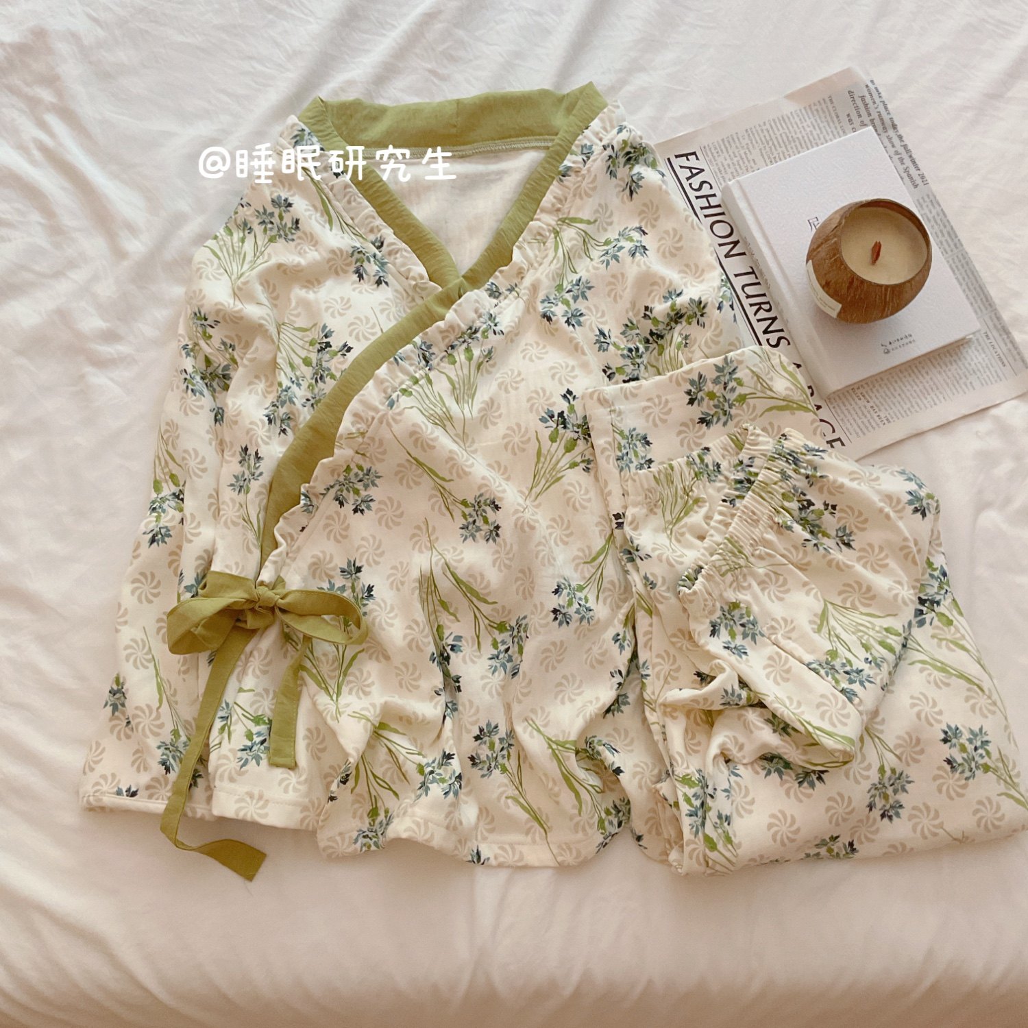 【茉莉香草】带胸垫春秋季女睡衣软料家居服套装自在无束绑带和服