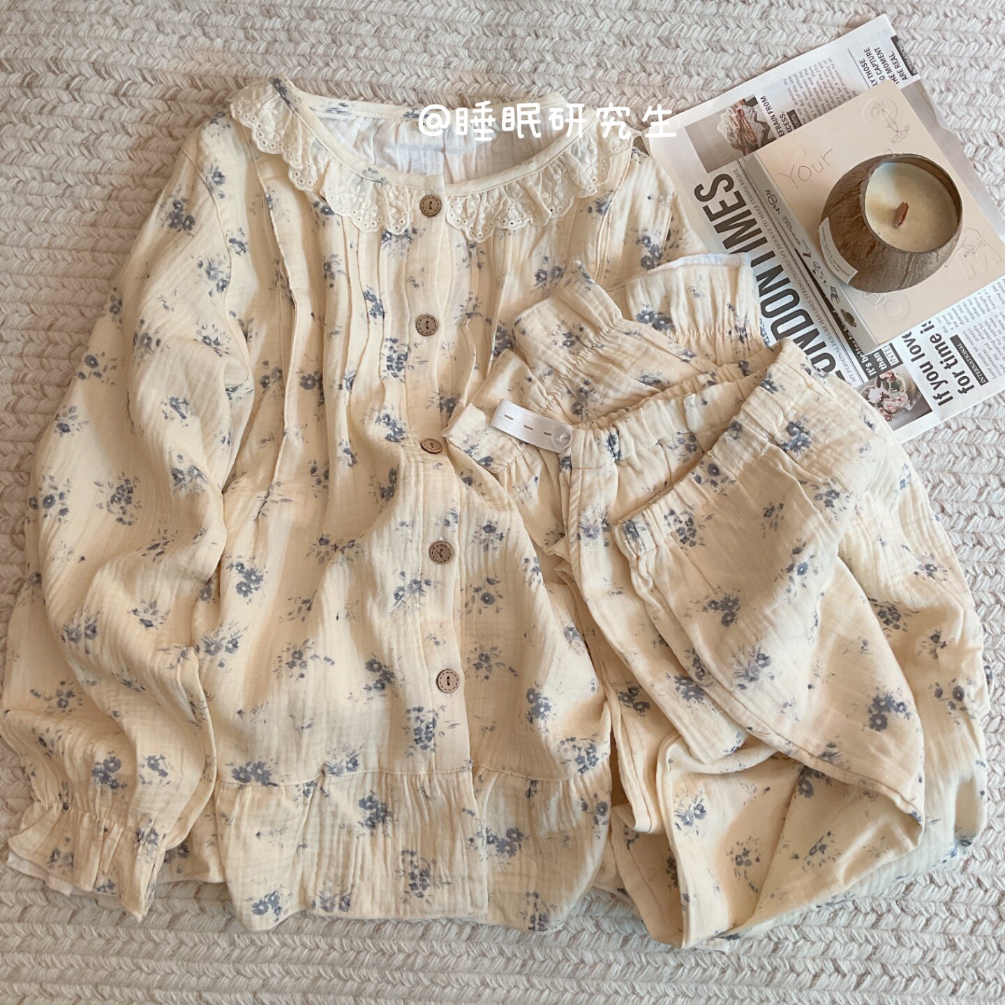 【小蓝铃】月子服春夏季女睡衣软料婴儿纱碎花长袖家居服纯棉套装