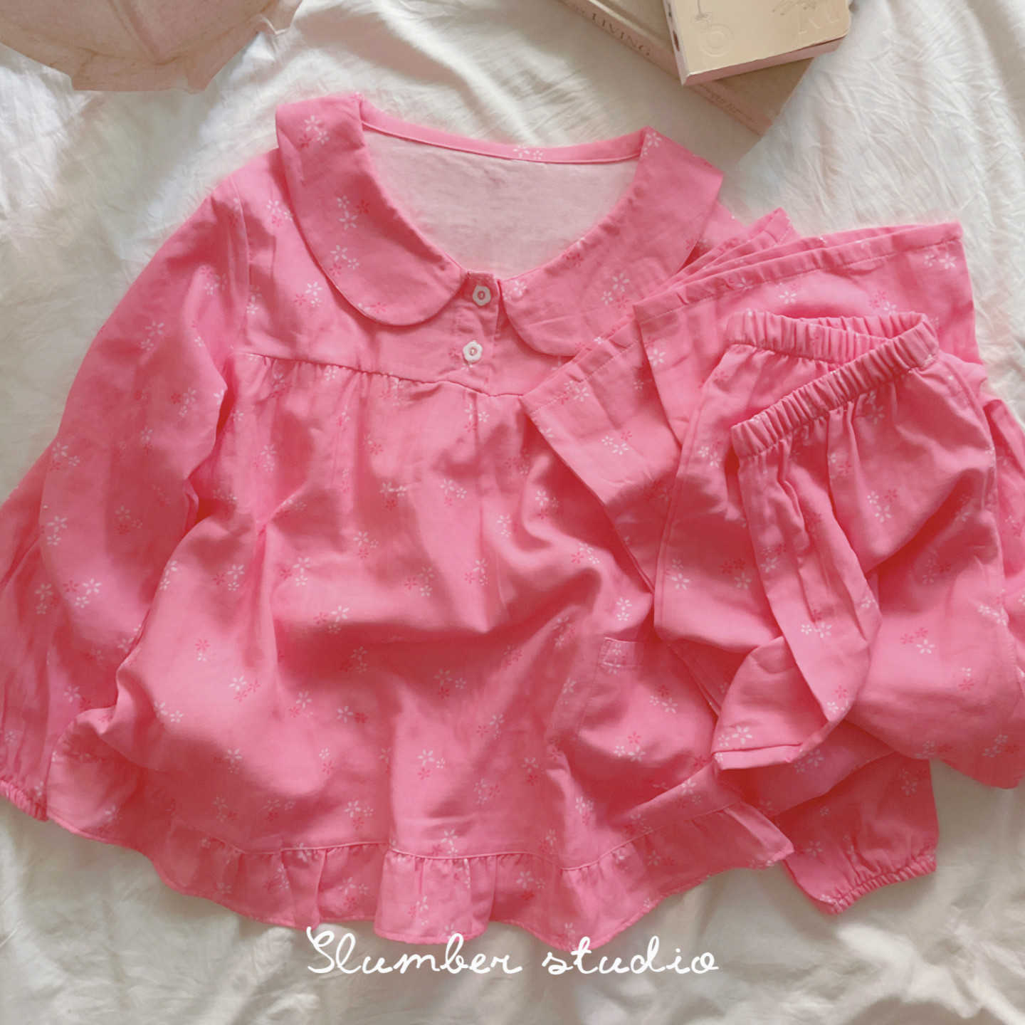 【桃子水粉】柔雾纱系列秋季女睡衣娃娃领长袖长裤圆领纯棉套装