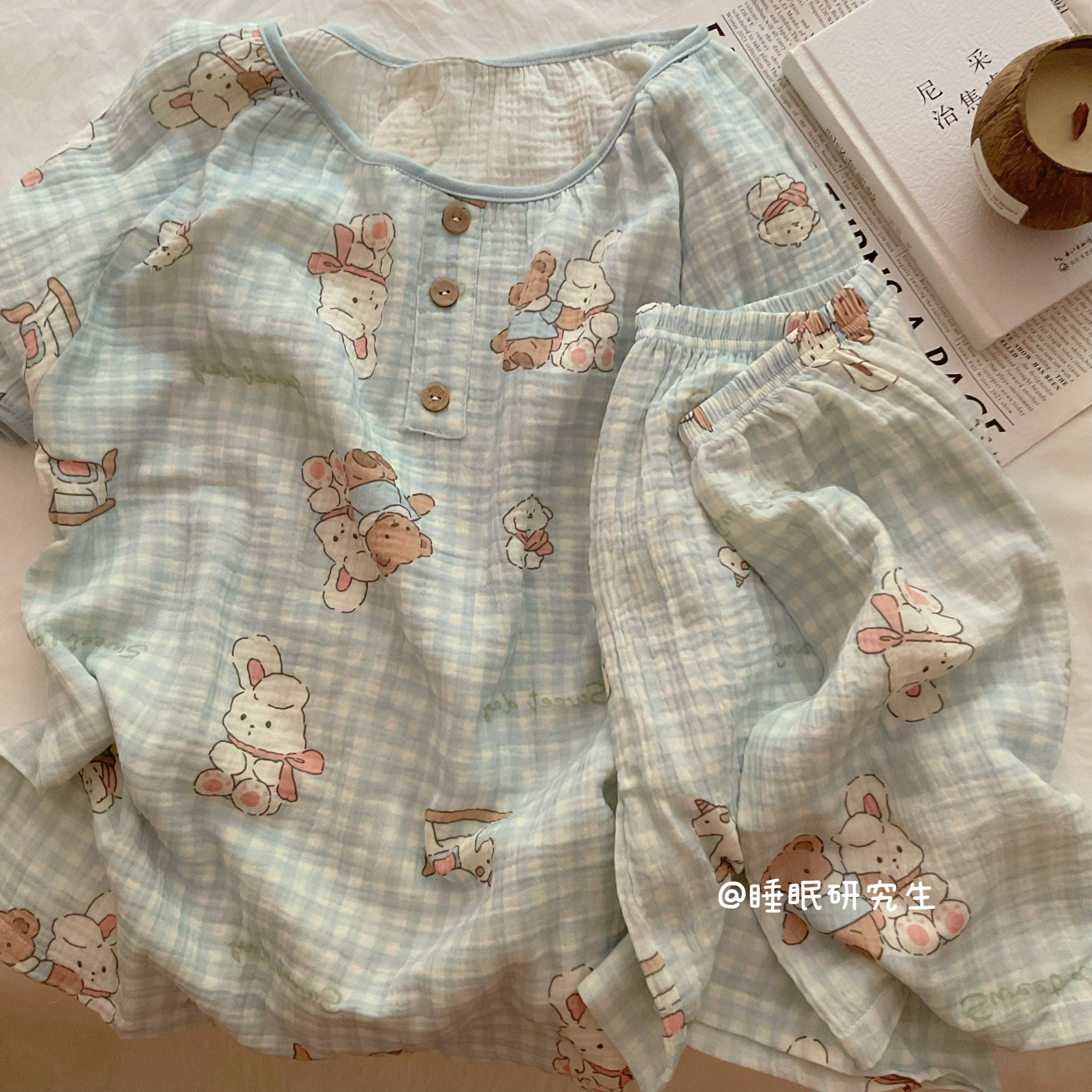【爱睡觉的小狗】夏季女睡衣纯棉绉布套装软料婴儿纱格子短袖短裤