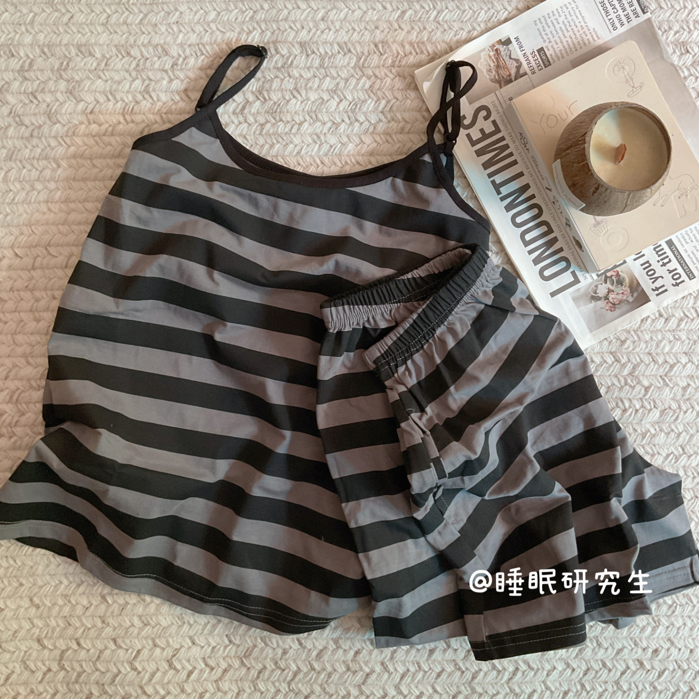 【奶酪笔记】带胸垫夏女睡衣条纹吊带短裤纯棉套装双口袋
