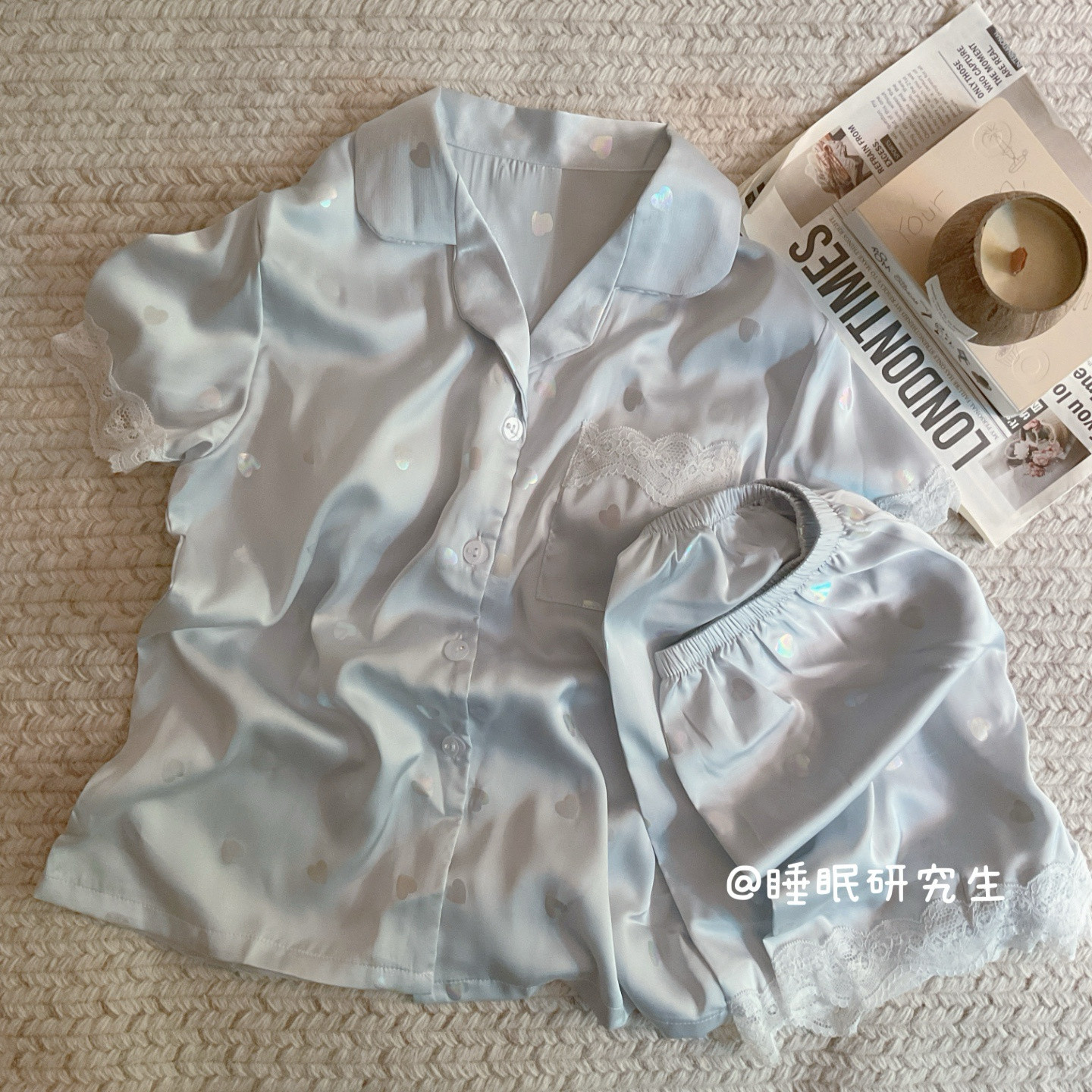 【薄雾海水】带胸垫夏季女睡衣软料液感冰丝短袖短裤套装
