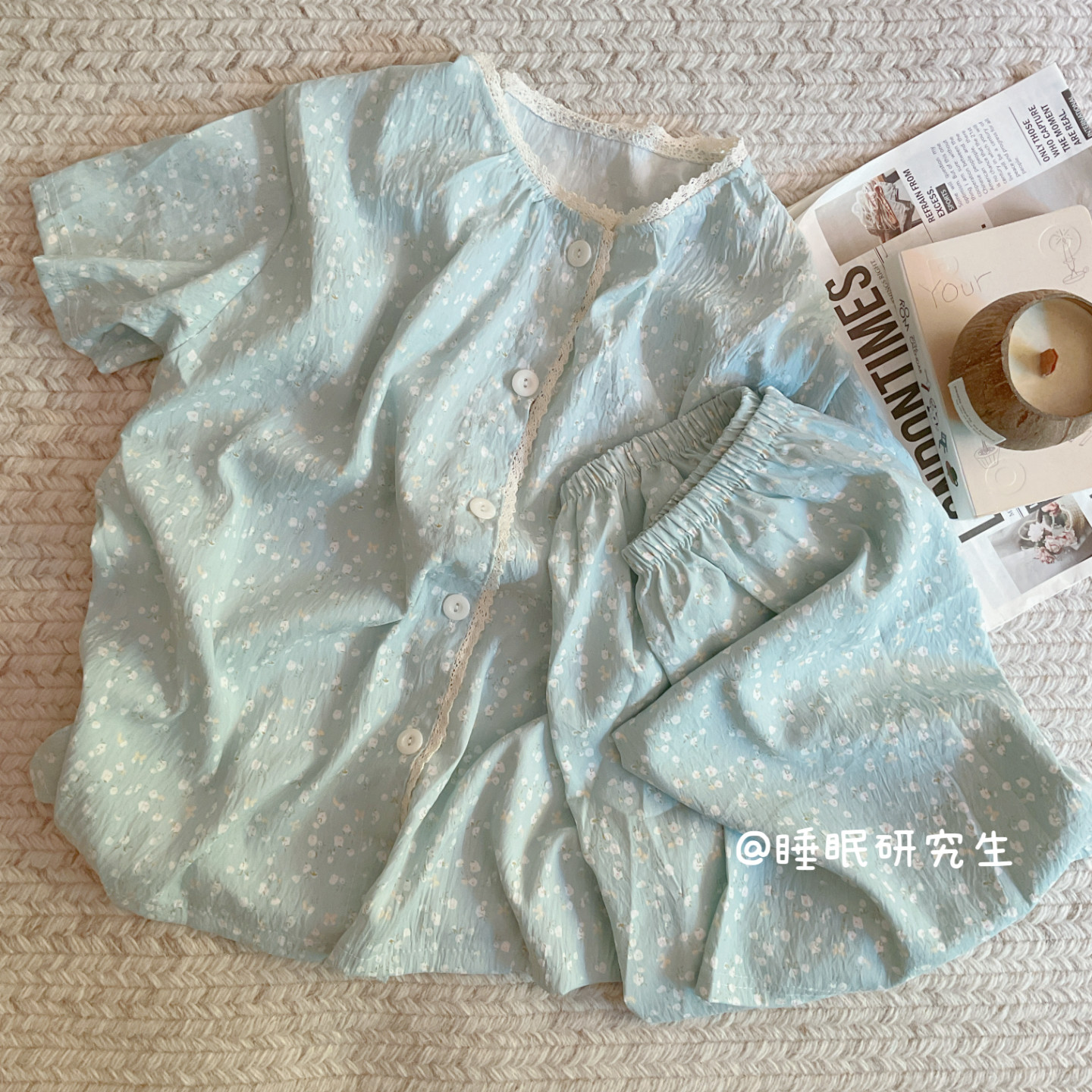 【小奶皮系列】夏季女睡衣日系薄荷碎花家居服软料短袖短裤套装