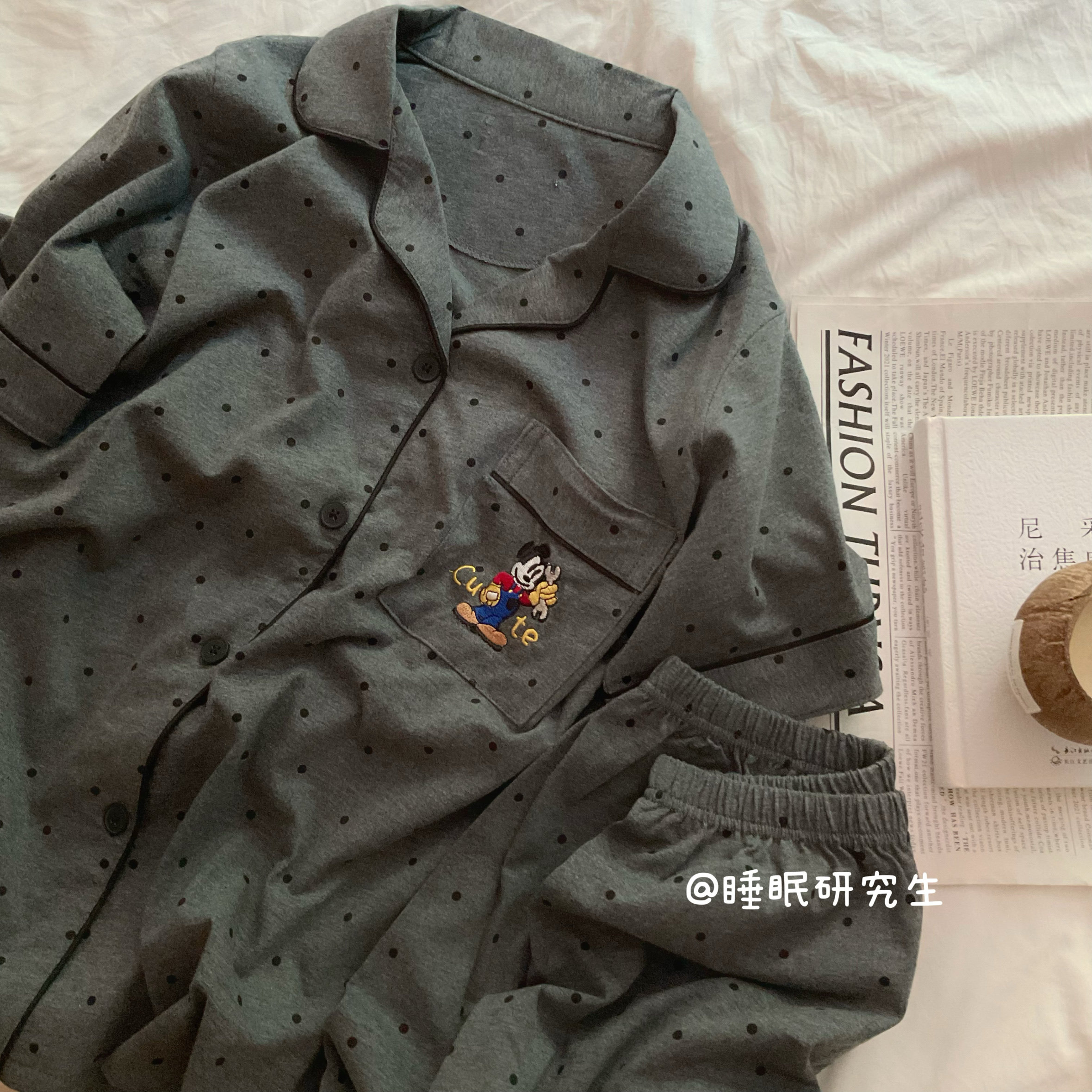 【巧克力派】夏款情侣睡衣纯棉短袖套装波点米奇刺绣家居服可外穿
