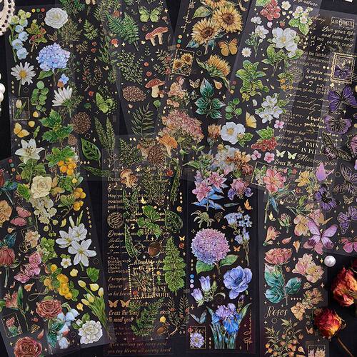花间来信PET立体烫金复古蝴蝶花草植物贴纸 咕卡拼贴手账素材贴画