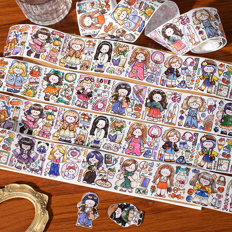 阿果复古穿搭二弹特油和纸胶带 可爱女孩人物手账diy装饰素材贴画