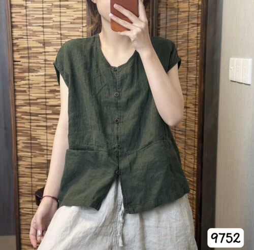 老钱风 100%纯亚麻百搭圆领大码显瘦开衫衬衫女短袖T恤