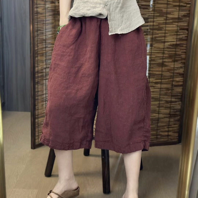 100%汉麻老钱风松弛感女士大码宽松显瘦七分直筒休闲裤
