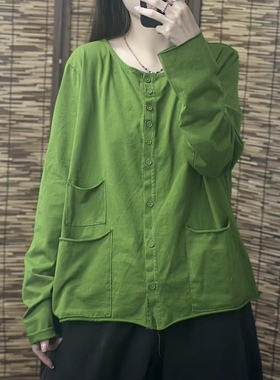 纯棉长袖圆领开衫上衣女士韩版春夏大码纯色百搭时尚外搭#9030