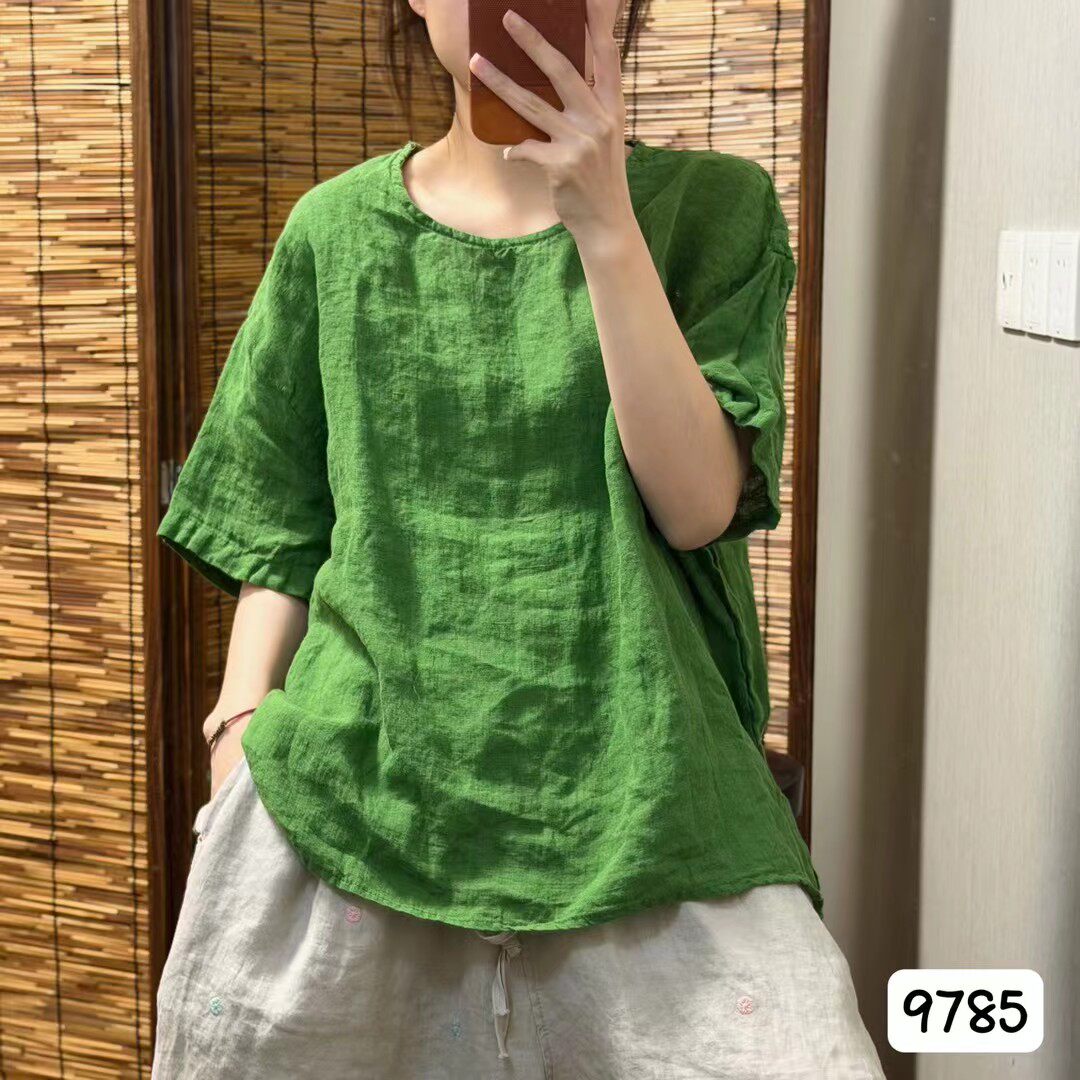 老钱风100%亚麻复古文艺圆领大码百搭短袖T恤（胸围130衣长65左右